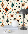 Retro Starburst Peel And Stick Wallpaper Roll With Heavy Duty Self Adhesive Backing For Instant Accent Wall Makeovers That Hit Different With Bold Geometric Patterns And Offer Zero Fuss Transformation Across Any Room, featuring starburst design.