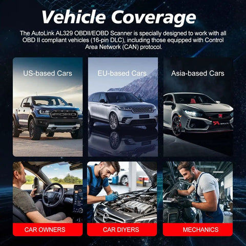 Image showing vehicle coverage for OBD2 Scanner AL329 Upgraded Diagnostic Tool With One Click IM Readiness Auto VIN Code Reader.