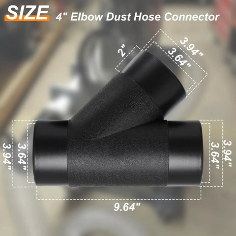 Heavy Duty Four Inch Dust Collection Kit With Y Splitter Hose Connector And Blast Gate Valve For Shop Ready Setup Plus Three Rugged Flex Cuffs For Quick Release No Sweat Operation, 4" elbow dust hose connector with size measurements.