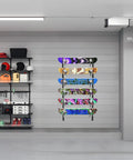 6 Tier Skateboard Wall Mount Rack For Snowboard Longboard And Deck Storage Modular Garage Gear Organizer holding six colorful boards.