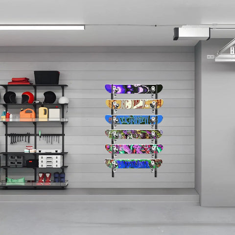6 Tier Skateboard Wall Mount Rack For Snowboard Longboard And Deck Storage Modular Garage Gear Organizer holding six colorful boards.