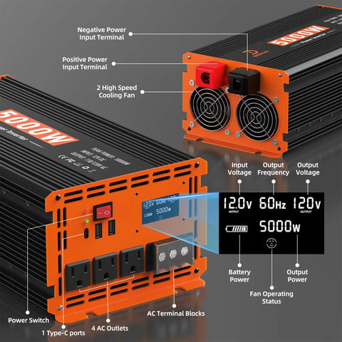 Heavy Duty 5000W Power Inverter Converts 12V DC To 120V AC With 3 AC Outlets And USB Type C Ports Built Different For RV Truck Boat Tailgating And Off Grid Solar Adventures, shown from the side with cooling fans and ports.