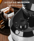 Close-up of dial on adjustable 28 settings burr coffee grinder for home use with stainless steel flat burrs in sleek design.