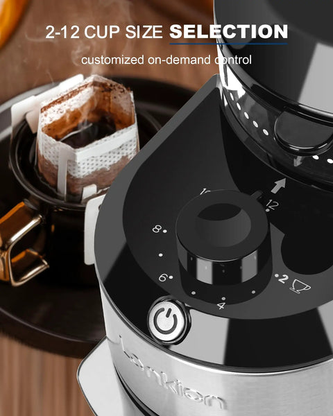 Close-up of dial on adjustable 28 settings burr coffee grinder for home use with stainless steel flat burrs in sleek design.