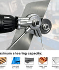 Close-up of Upgraded Heavy Duty Metal Nibbler Drill Attachment With Seven Piece Kit cutting a steel plate, showcasing precision and versatility.