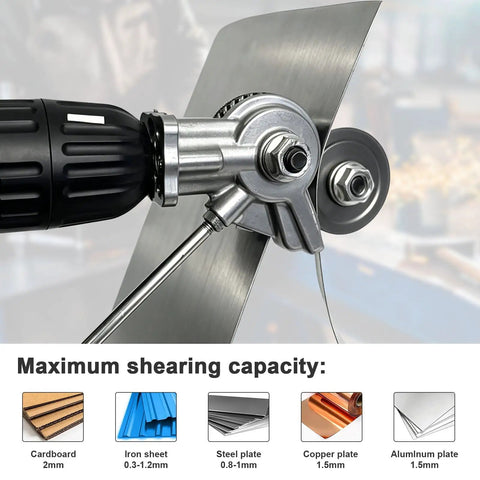 Close-up of Upgraded Heavy Duty Metal Nibbler Drill Attachment With Seven Piece Kit cutting a steel plate, showcasing precision and versatility.