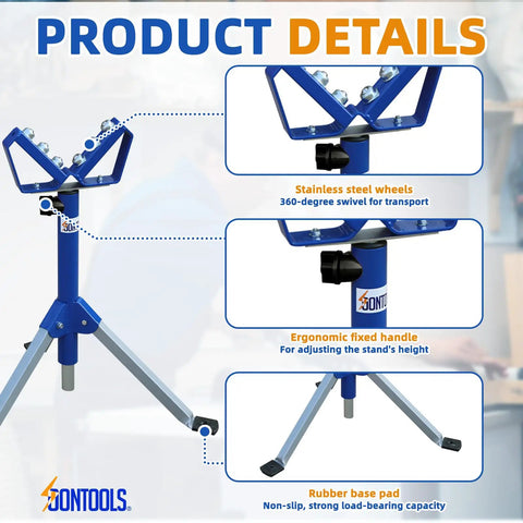 V Shaped Triangle Roller Stand For Woodworking With 176 Lbs Load Capacity, showcasing adjustable height and stainless steel rollers.