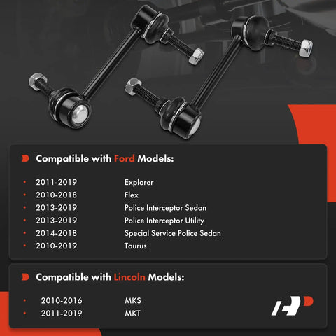 Two Pack Rear Sway Bar Links Stabilizer Kit Fits Ford Explorer 2011-2019 Flex Taurus Police Interceptor Sedan Utility Special Service Sedan Lincoln MKS MKT 2010-2019 Direct Fit Replacement image showing components and compatibility list