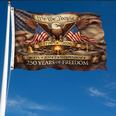 All American Double Sided 3-Ply 3x5 Ft Patriotic Flag With Betsy Ross 13 Star Vintage Design Outdoor Ready Fade Resistant Brass Grommets 250th Anniversary Edition displayed on a pole.