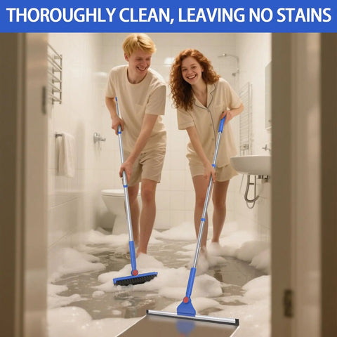 2 In 1 Floor Cleaning System With V Shaped Scrub Brush And Foam Squeegee For Tiles Marble Glass Bathrooms Kitchens Garages Grout And Pet Hair Cleanup Deep Clean And Fast Dry in use by two people in a bathroom.
