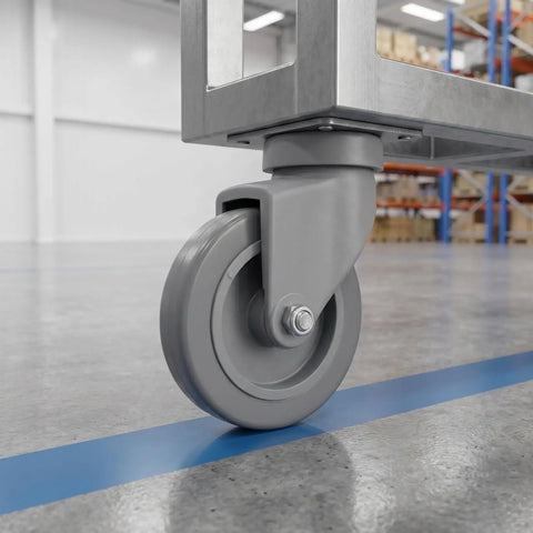 4 Piece Heavy Duty Rubber Swivel Caster Wheels With Threaded Stem And Spring Loaded Setup For Slick Rolling On Mop Buckets Trash Dolly Furniture Carts Grey close-up on grey rubber wheel