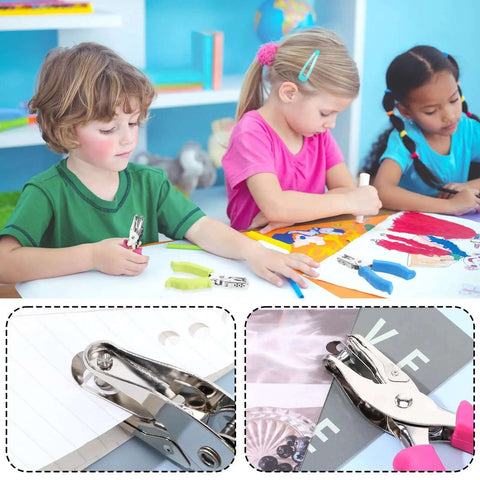 Children using 12 Piece Handheld One Quarter Inch Hole Punch Set With Grip Handles For Do It Yourself Crafters Scrapbookers Card Makers And Notebook Projects Multicolor Circle Paper Punches.