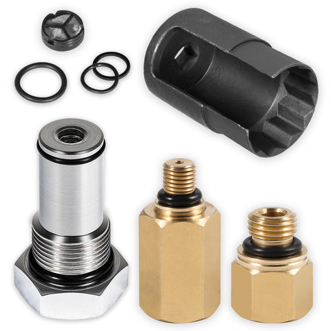6.0L IPR Valve Socket Kit And Oil Rail Adapters Set For Ford 6.0L Powerstroke Diesel Engine High Pressure Oil Pump IPR Valve Air Test Fittings With Seal Kit 8 Pack showing components such as adapters, socket, and seals