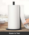 Matte Black Stainless Steel Paper Towel Holder With Weighted Base, hand tearing towel easily, on kitchen counter.