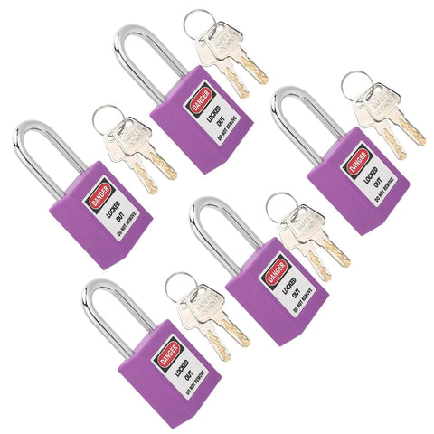 5 Pack 38mm Industrial Safety Padlocks Lockout Tagout Kit With 10 Keys And Writable Labels NonConductive For Machine Building Electrical Maintenance Built Tough As Nails And Resists Impacts Standing Strong Through Freezing Or Scorching Temps. Purple 38mm nylon plastic padlocks with keys