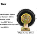 8 Inch Heavy Duty Pneumatic Rubber Caster Wheel with gold bracket, showcasing tire dimensions and installation height.