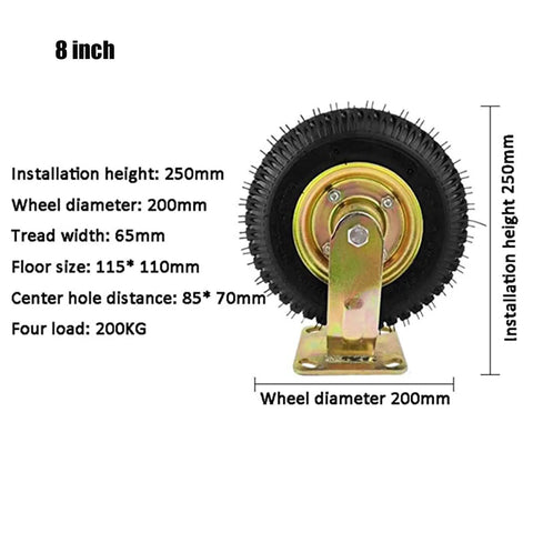 8 Inch Heavy Duty Pneumatic Rubber Caster Wheel with gold bracket, showcasing tire dimensions and installation height.