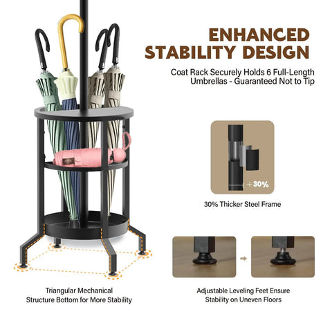 Dope Freestanding Coat Rack With 12 Hooks And Umbrella Holder featuring sturdy frame, umbrella storage, and stability design.
