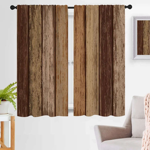 Brown Western Curtains Two Panel Set 42 Inch Wide by 63 Inch Long Dark Rustic Wood Grain Drape in Living Room