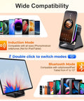 Wide compatibility induction phone stand speaker with colorful lights and 3500mAh battery, suitable for various devices.