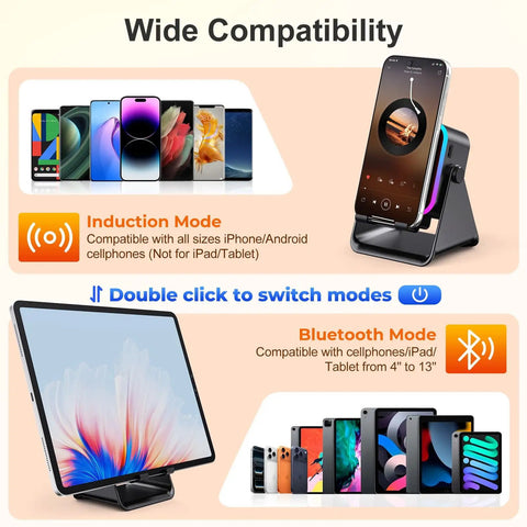Wide compatibility induction phone stand speaker with colorful lights and 3500mAh battery, suitable for various devices.
