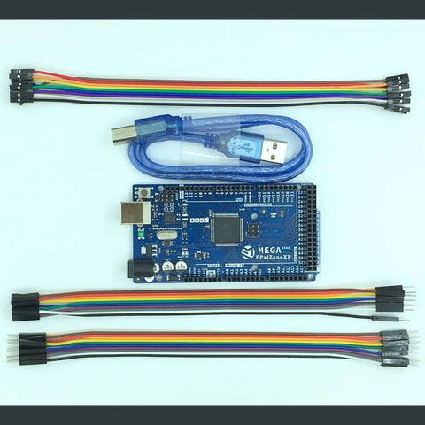 Arduino Mega 2560 R3 Compatible Board Kit with ATmega2560, USB cable, Dupont wires, microcontroller components for IDE setup