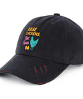 Homestead Freedom Adjustable Cap For Women Low Profile Unstructured Hat with fun chicken graphic and text "Raise Chickens, Not Taxes"