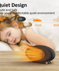 600W Desk Heater With PTC Ceramic Tech in use, emitting quiet heat in a bedroom, beside a sleeping child, demonstrating energy efficiency and safety.