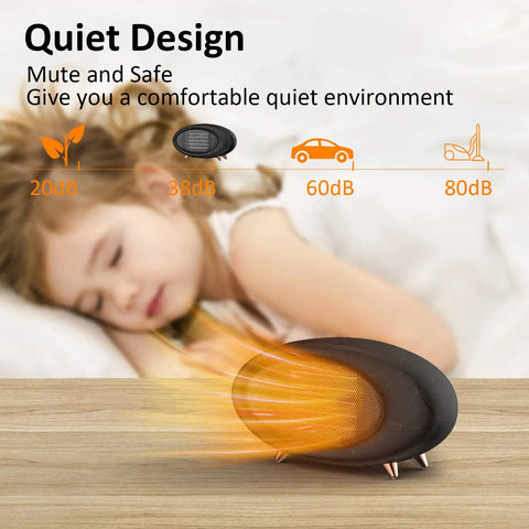 600W Desk Heater With PTC Ceramic Tech in use, emitting quiet heat in a bedroom, beside a sleeping child, demonstrating energy efficiency and safety.