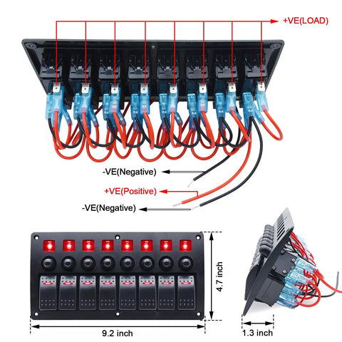 8 Gang Marine Rocker Switch Panel Waterproof 12V Aluminum Body With 5A 10A 15A Circuit Breakers And LED Indicators wiring diagram