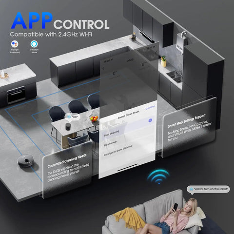 LiDAR Mapping Robot Vacuum And Mop With Smart Navigation WiFi App Control in modern kitchen and living room setting