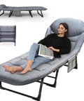 Go To Adjustable Folding Camping Cot with Mattress, 70-inch long, steel frame, woman relaxing on cot, for indoor and outdoor use.