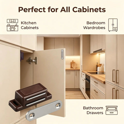 Heavy Duty 12 Pack Brown Cabinet Magnetic Latch Door Catch For Cupboards Drawers Shutters Keeps Doors Dead Set Shut With Zero Hassle Mount And Slick Closing Action
