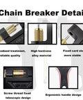Chain Breaker Detail with anodized treatment, high hardness alloy, fixed card slot showing features of Heavy Duty Chain Breaker Riveting Tool For Chains And Link Pins, A Must Have For Bikes And ATVs, Dirt Pits, Go Karts, Scooters, Quads And Tractors, Smooth Pin Extraction And Reliable Breakage, Built Tough For Daily Riding.