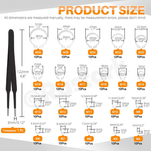 Product size chart for 211 Piece External Snap Ring Kit In 304 Stainless Steel With Tweezers, 21 Sizes From M4 to M19.