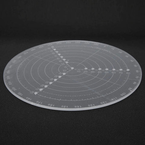 Top view of an 8-inch round center finder compass, transparent acrylic with concentric circles and radial scale markings