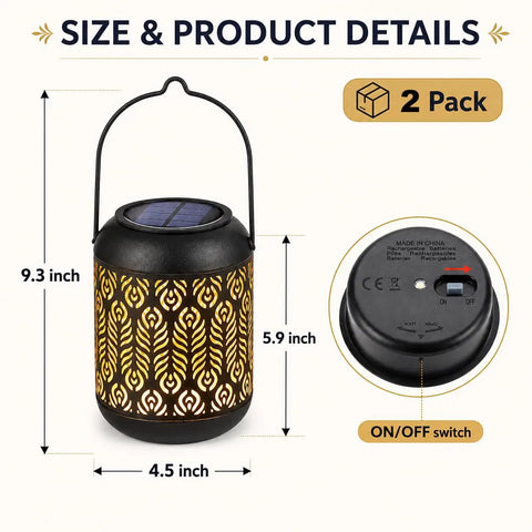 Solar Powered Outdoor Hanging Lanterns For Garden And Patio, Waterproof Landscape Lights With Warm White LED, 2 Pack, iron, size details shown