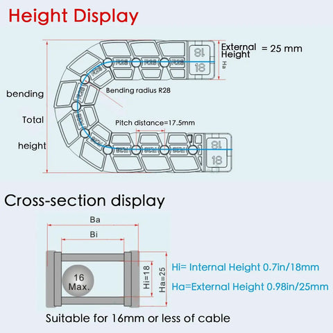 Diagram showing the dimensions of One Meter Openable 18x25mm Low Noise Drag Chain Cable Carrier for 3D Printers and CNC Machines.