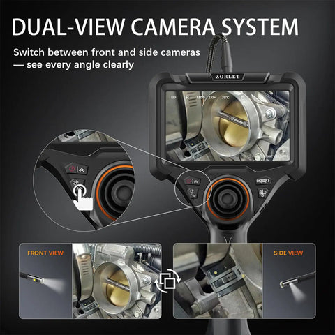 Dual Lens 360 Degree Borescope With Light, 5 Inch HD Monitor, 4 Way Joystick Inspection Camera, Pro Grade Slim 0.25 Inch Probe, 5 Ft SemiRigid Industrial Endoscope For Automotive Maintenance And Mechanical Diagnostics, front and side view display