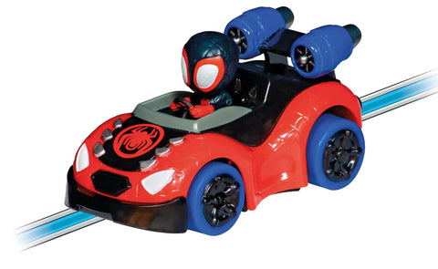 Close-up of Spidey car from It's Spidey Time Slot Car Race Track Set with Spidey and Spin Cars for kids 3 and up, on blue track
