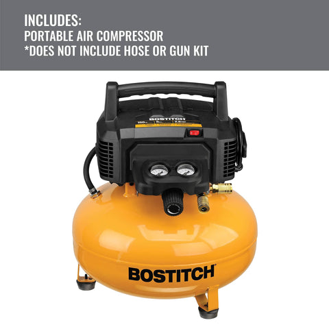 Six Gallon Pancake Air Compressor Kit With Thirteen Piece Accessory Set Including Air Hose Blow Gun Adapter Tire Gauge