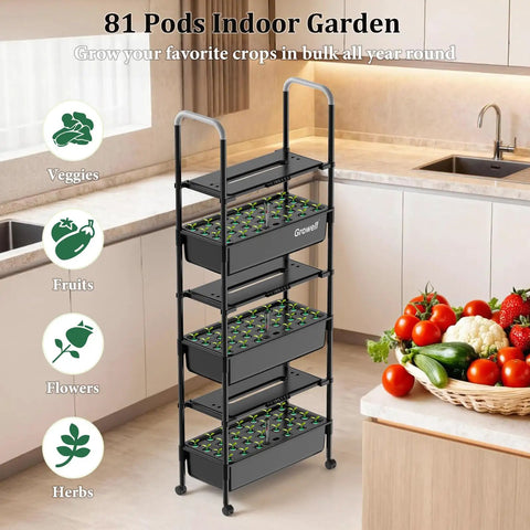 81 Pod Vertical Indoor Hydroponics Garden with Smart LED Grow Light and Auto Circulating Water Pump in kitchen setup