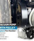 Vacuum pump with pulley; silver metal pump and black pulley for automotive engine belt drive.