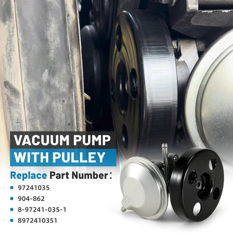 Vacuum pump with pulley; silver metal pump and black pulley for automotive engine belt drive.