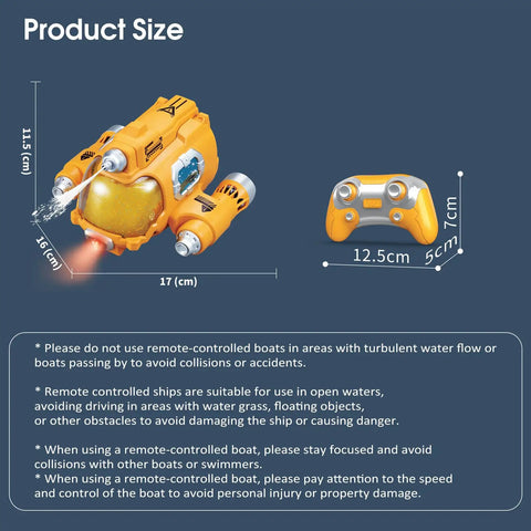 Product size diagram of 2.4GHz RC Boat For Pool And Lake With LED Lights And Water Shooting Easy Maneuvering Speed Boat For Teens Red Finish
