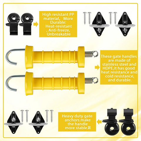 Two Sets Electric Fence Gate Handle Kit With Anchors And Insulators Including Two Yellow Handles With Spring, Four Black Insulators, And Four Anchors With Screws For Fast, Durable Outdoor Fence Installations