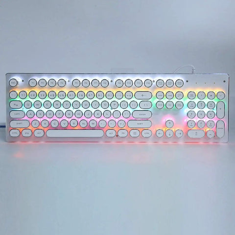 Badass 104 Key Mechanical Gaming Keyboard For PC featuring slick white round keys and colorful backlights on a retro design.