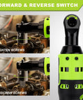Cordless 3/8 Inch Electric Ratchet Wrench Kit With 12V Power, 40 Ft Lbs Torque showing forward reverse switch in action.