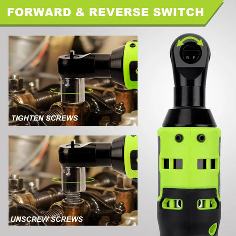 Cordless 3/8 Inch Electric Ratchet Wrench Kit With 12V Power, 40 Ft Lbs Torque showing forward reverse switch in action.