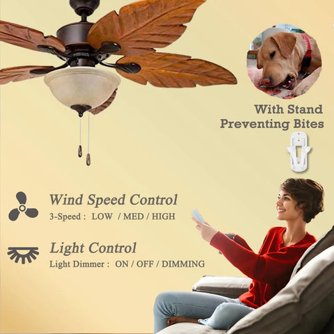 Plug And Play Ceiling Fan Remote Kit With Light Dimmer And 3 Speeds Universal Compatibility displayed with user and fan operation.